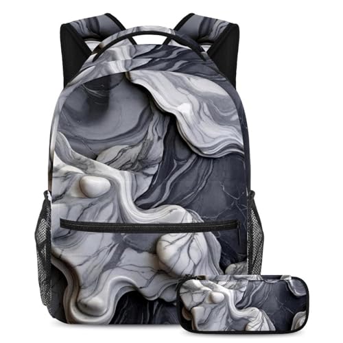 Sac à dos avec trousse fille garçon ado grand volume marbre gris