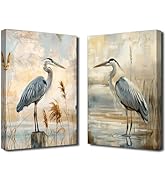 PBXBJY 2 Pieces Heron Wall Art Blue Grey Heron on Beach Painting Sea Bird Canvas Prints Coast Sea...