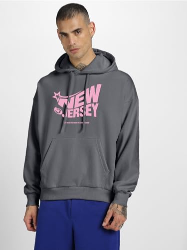 Image of Veirdo Polycotton Spun Oversized Fit Hooded Sweatshirt Full Sleeves Front Chest Graphic Printed Drop Shoulder Jumper Hoodie for Men (Colors: Blue, Black, Gray, Smoke Pine & Peach)