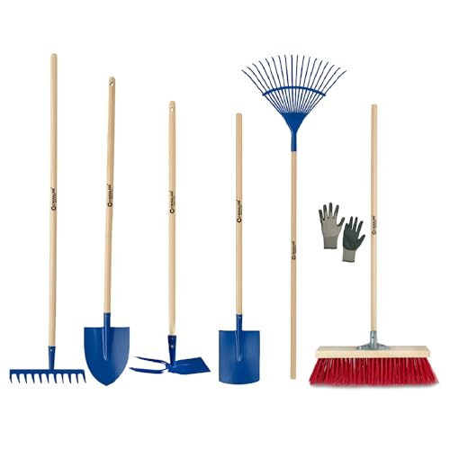 Crisalide® Set Completo Da Giardinaggio 7 Pezzi – Scopa Industriale, Guanti, Rastrello Foglie, Vanghetta, Zappino, Rastrello 12 Denti, Badile a Punta | Attrezzi Resistenti per Orto, Giardino