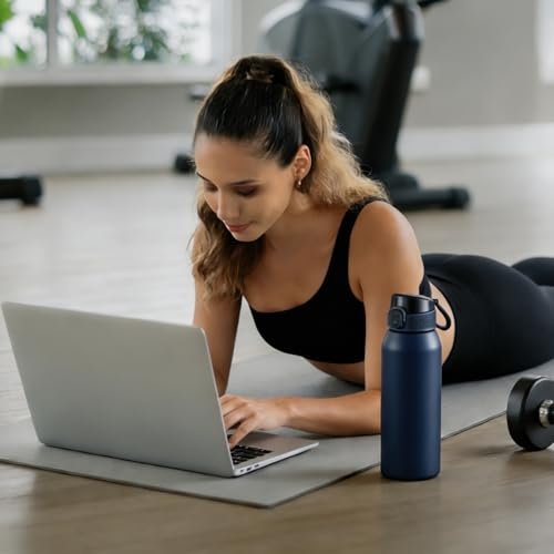 Image of Insulated Water Bottle 24 oz with Dustproof Lid, Carry Handle & Tea Infuser, BPA-Free & Leakproof, Stainless Steel Water Bottles Ideal for Fitness, Hiking, Office & Outdoor Use (Dark Blue)