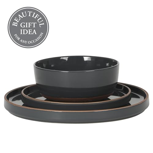 Image of Gibson Elite Northrock Stoneware Dinnerware Set, 12-Piece Service for 4 Plates and Bowls Set - Charcoal Blue Dishes with Hand-Painted Terracotta Base