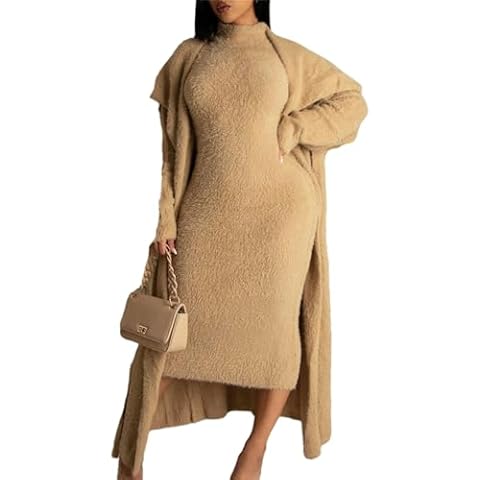 HOULENGS Women's 2 Piece Outfits Mock Neck Bodycon Midi Tank Dress and Open Front Cardigan Sweater Sets Khaki X-Large Cover