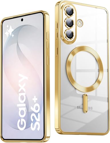 Image of VONZEE Clear Logo Electroplating Transparent Case for Samsung Galaxy S26 Plus 5G, Magnetic Plating [Support for MagSafe Charger] Electroplate TPU Cover- Gold