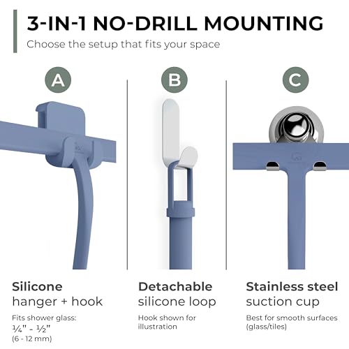 Image of GUTEWERK Silicone Shower Squeegee for Glass Doors & Mirrors with Stainless Steel Core, Streak-Free & No-Squeak Window Cleaning, 3-in-1 No-Drill Mount (Hook /Suction /Adhesive),Blue, 9 Inches