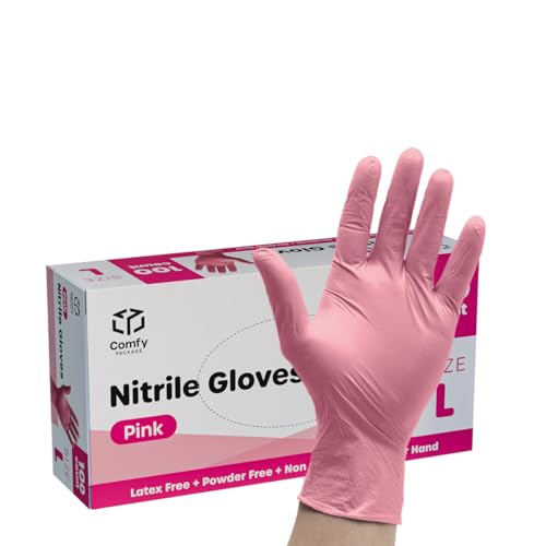 Comfy Package [Luvas Descartáveis de Nitrilo Rosa de 100 Contagens - | Sem Látex e Sem Borracha | Lu