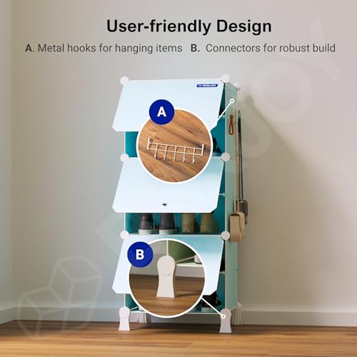 Image of BOXJOY 6 Shelf Shoe Rack with 3 Doors, Magnets, 5 Hook Steel Holder & Wooden Hammer for Home Storage PP Plastic Organizer with Metal Door Frame to Cover Chappal Slipper Sandals Shoes Box Stand (Blue)