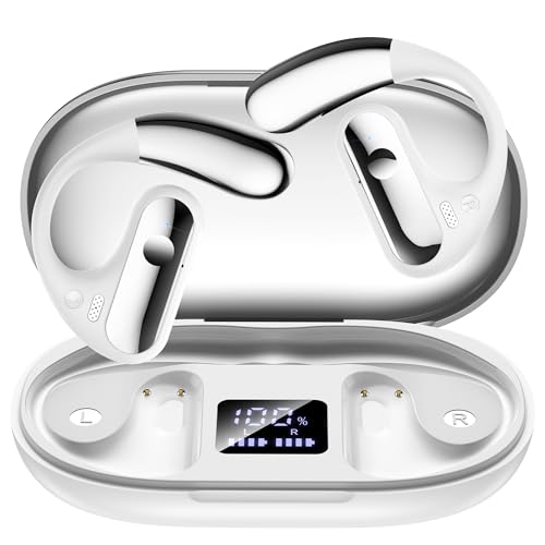 EUQQ White Wireless Headphones, Bluetooth 5.3 Sports Headphones with Ear Hooks, 40H Playback, ENC HD Call, Deep Low, LED Display, ajuste confortável, IPX7 Waterproof