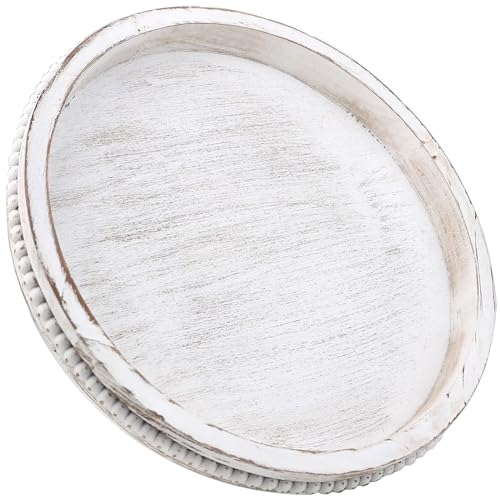 Hrastany Round Wood Serving Tray with Beaded, 13” Rustic Wooden Decorative Coffee Table Tray for Centerpiece, Ottoman, Farmhouse Circle Trays for Counter, Living Room, Home Decor (Whitewashed)