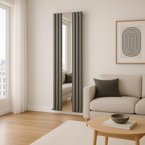 Go Bathrooms Tall Grey Vertical Radiator With Mirror 1800mm x 500mm Double Panel Radiator Anthracite Grey Oval Columns Tall Full Length Mirror Design Living Room Bedroom Central Heating |Gala