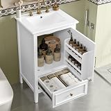 Guxeei 20-inch Bathroom Vanity with Sink Combo, Free-Standing Single Bathroom Storage Cabinet with Soft Closing Door, Storage Rack, and Drawer, Vanity with Ceramic Basin for Bathroom (White)