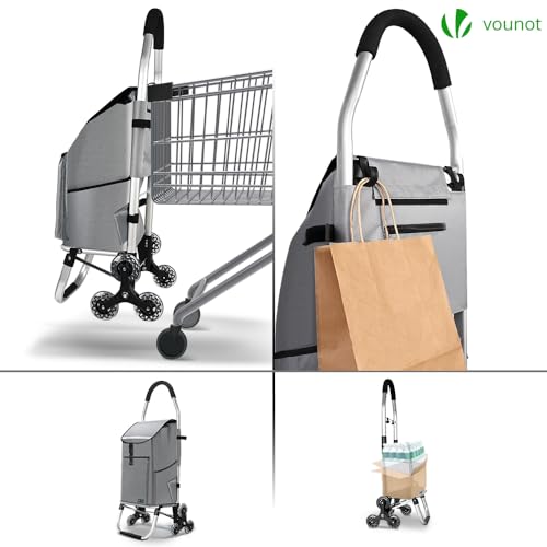 VOUNOT Aluminium Einkaufstrolley Treppensteiger, 3 in 1 Trolly Einkaufswagen Klappbar, Hackenporsche mit Kühlfach und Haken, 6 Rädern & großer Kapazität, Wasserdicht, Grau – Bild 5