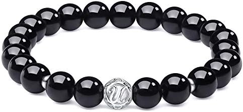 J.Endéar Letter Gemstone Bracelets for Womens Men Made of 8mm Natural Onyx, Beaded Bracelet with 925 Sterling Silver Initial Charms (Letter U)