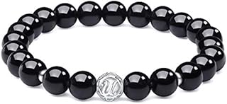 J.Endéar Letter Gemstone Bracelets for Womens Men Made of 8mm Natural Onyx, Beaded Bracelet with 925 Sterling Silver Initial Charms (Letter U)