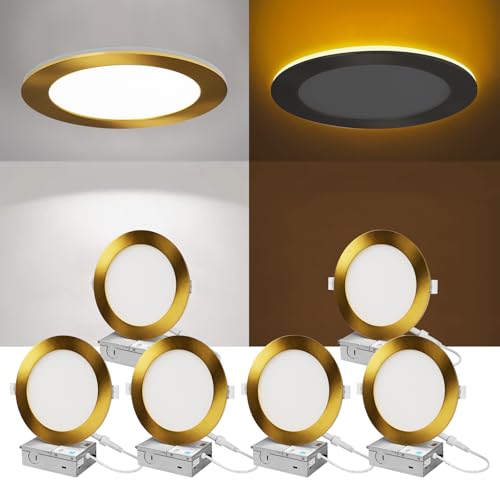ZYC Recessed Lighting 6 Inch - 12W 1100LM LED Recessed Ceiling Light with Night Light,2700K/3000K/4000K/5000K/6000K Selectable Ultra-Thin Lighting,Dimmable Canless Wafer Downlight,Pack of 6(Gold).