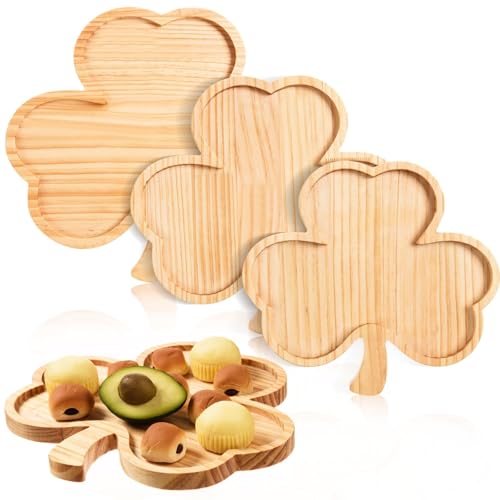 AWIZOM 3 Pcs St. Patrick's Day Serving Trays Wooden Shamrock Platters Pine Wood Clover Charcuterie Boards Wood Snack Dish Plates for Irish Holiday St. Patrick's Day Party Supplies Decorations,3 Sizes