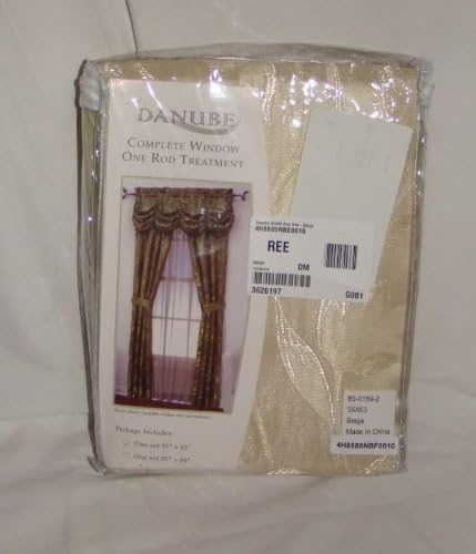 Danube Complete Window 1 Rod Treatment Drapes Curtains Beige 55"x63" (1 Split Jacquard Panel, 1 Attached Valance, 2 Tiebacks)