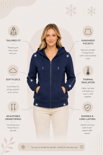 Image of HOODLIFE Women's Zip-Up Hoodie Sweatshirt - Soft Cotton Fleece Jacket with Hood, Full Zipper, Kangaroo Pocket, Casual Winter Hoodie for Women