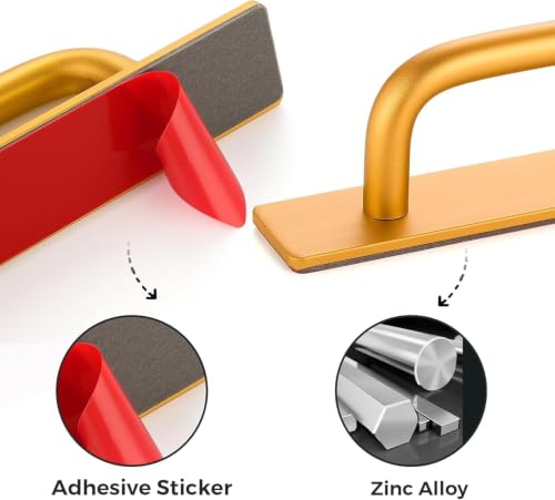 Image of Adhesive Cabinet Handles, Self-Stick Instant Cabinet Handles Alloy No Drilling Push Pull Handles Helper for Kitchen Cabinet Drawer Window Sliding Closet (Gold, 2 Pcs)