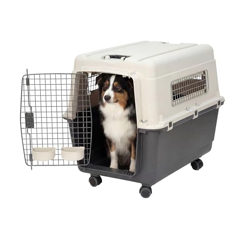 SportPet Airline Compliant LARGE 31.5" Travel Dog Kennel-Durable Plastic Airline Pet Carrier w/Removable Wheels & Food Bowls, Collapsible Indoor/Outdoor Dog Kennel, Dogs up to 28"L & 20"H-Cream/Gray