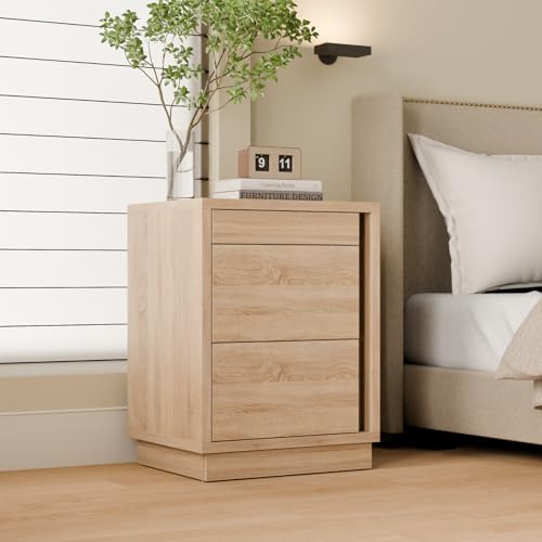 MOUMON Nightstand with Hidden Storage & NFC Lock, Bedside Table End Table with 3 Drawers, Pop-up Design, for Living Room Oak 23.6”W x 19.7”D x 31.5”H