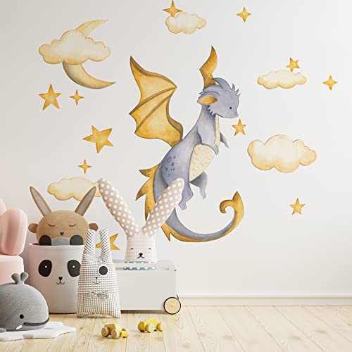 Image of Dragon Wall Decal for Kids Baby Dragon Wall Decals Fairytale Wall Decals Hand Painted Watercolor Peel and Stick Wall Decor for Nursery Kids Room Preschool Classroom Door Playroom Decor