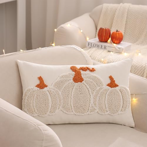 Tosleo Halloween Throw Pillow Covers 12x20 inch Set of 2 Halloween Beige Pumpkin with Orange Root Embroidered Pillow Cases Thanksgiving Home Party Pumpkin Fall Decor Pillowcases Lumbar Cushion Covers