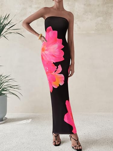 PRETTYGARDEN Women Summer Strapless Maxi Dress Bodycon Floral Sexy Long Wedding Guest Dress Formal Tube Mesh Cocktail Dresses2