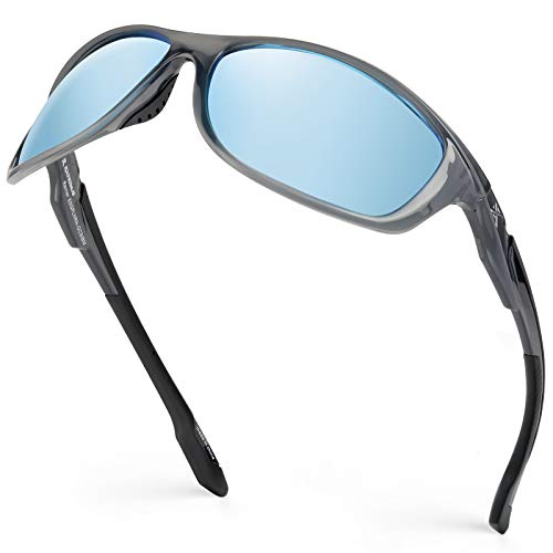 Extremus Rainier Polarized Sport Sunglasses,Gloss Crystal Frame,Smoke Base Ice Blue Mirror