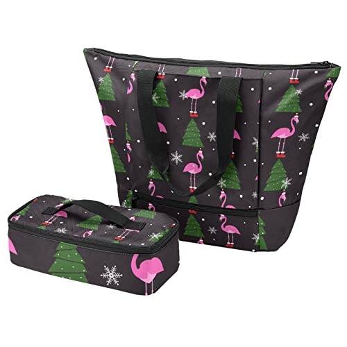 Sac cabas flamant rose de Noël avec pochette repas isolante pour pique-nique