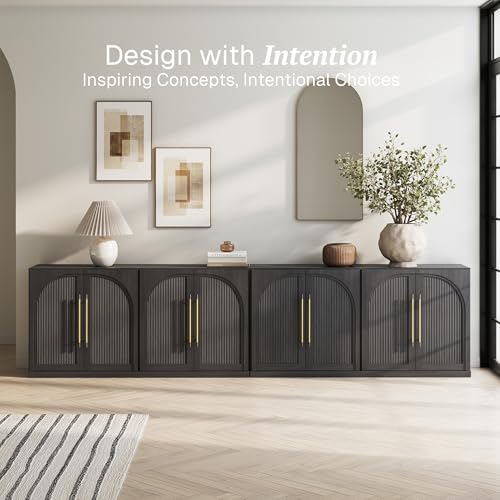Image of BELLEZE Set of 2 65 inch Sideboard Cabinet with Double-Arc Wood Doors, Large Buffet Cabinet with Storage and Adjustable Shelves, Classic Modern Console Sideboard for Living Room Kitchen Entryway (Ebony)