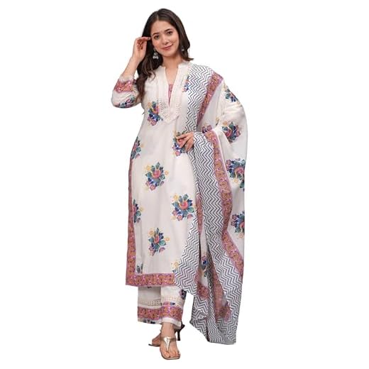 Amayra Women's Pure Cotton Printed Straight Kurta Set with Palazzo Pants & Dupatta- Ethnic Wear, White(TCK614,M)