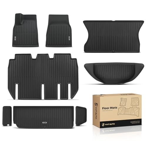 YHTAUTO Floor Mats & Cargo Liners Compatible with Tesla Model X 2022-2025 (5-Seat) TPE Floor Liners All Weather Custom Fit 1st & 2nd Row & Front & Rear & Inner Trunk Cargo Mat Set of 5 Black