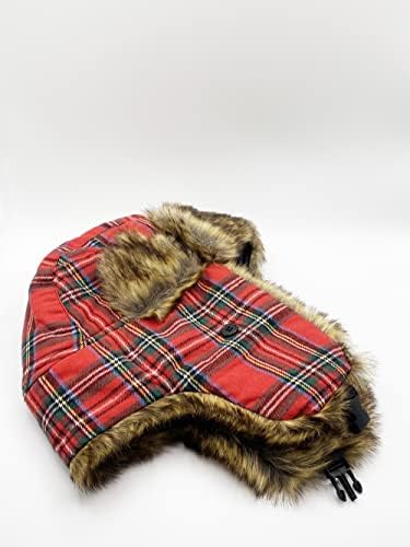 Accessoryo Trooper Trapper Hat Unisex Warm Thick Brown Faux Fur Mens Scottish Red Tartan Womens Warm Winter Cap Earflaps Hunting Hat Outdoor SKI Head Warmer