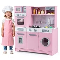 COSTWAY Kids Wooden Kitchen, Pretend Play Kitchen with Light, Sound, Sink & Faucet, Oven, Washing Machine, Microwave, Water Dispenser, Utensils, Children Chef Role Playset for Boys Girls (Pink)