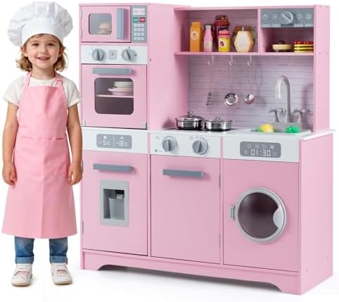 Costzon Corner Play Kitchen, Wooden Toddler Kitchen Playset W/ Lights And Sounds, Water Circulation System, Washing Machine,Accessories, Kids Kitchen Playset For Boys,Girls (Grey - View #6