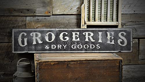 Aftwo Groceries & Dry Good Distressed Sign, Kitchen Sign, Kitchen Plaque, Kitchen Wall Decor, Rustic Sign, Vintage Kitchen Sign Wooden Decoration Wood Signs With Quotes Wood Sayings Signs 4X16 Inch #TOP7