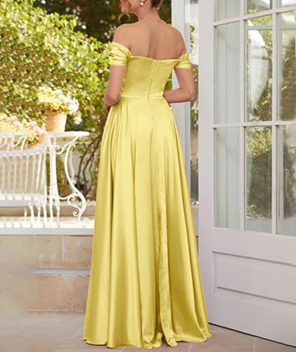 ECDAHICC Schulterfreies Brautjungfernkleid Für Damen Satin Langer Schlitz Elegantes Formelles Abendkleid A-Linie Hochzeits und Partykleid by-M