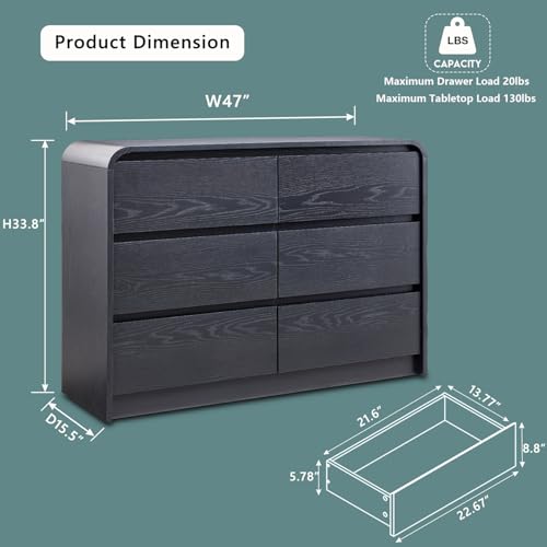 Aitjunz Modern Sideboard Buffet Cabinet with 6 Storage Drawers, 47\" Wide Large Kitchen Buffet Cabinet w/Curved Profile Design, 33.8\'\' Tall Wood Coffee Bar Table for Dining Room, Black - Thumbnail 2