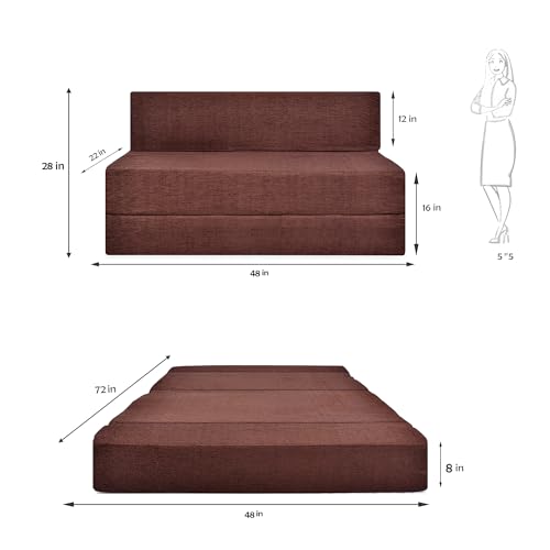 Image of Foldable Two Seater Sofa Bed 4X6 Ft Jute Fabric Washable Cover Convertible Sofa Bed for Home & Office, Guest Room (Finish Color Brown - Pre-Assembled)