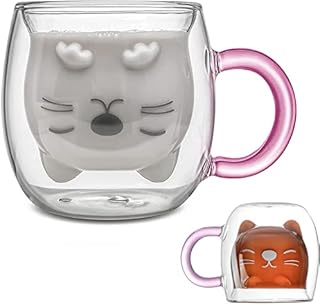 Qinhai Cute Cat Coffee Mug, Animal Double Wall Glass Tea Cup, Valentines Mothers Day Graduation Christmas Easter, Gifts for Women Wife Mum Her Grandma Girl Boy Kid Teacher Friend, Birthday Present