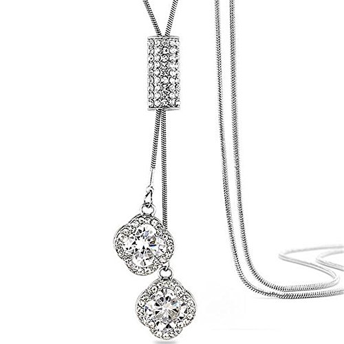 Women's Crystal Flower Jewelry Tassel Pendant Long Chain Necklace