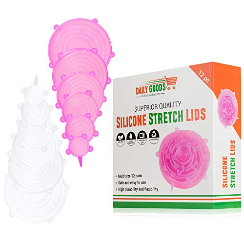 Silicone Stretch Lids - 12 packs (Fits Various Size Containers, Bowls, Cups - Airtight Food Cover) Durable, Eco-Friendly, Keeps Food Fresh - Dishwasher, Microwave, and Freezer Safe