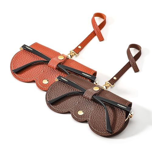 Image of FEISEDY 2Pack Soft Leather Sunglass Bag, Portable Holder Eyeglasses Case | Lightweight Portable Design, With Button Clip Wrist Strap for Travel Daily Use B0049