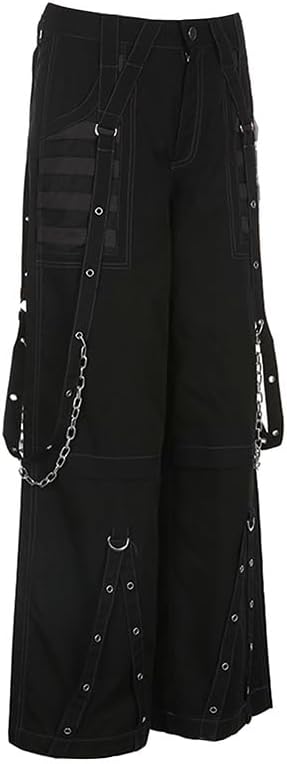 Women Vintage Goth Hip Hop Jeans Punk High Waisted Baggy Bootcut Jeans Strap Chain Striped Wide Leg Denim Pants - Image 3