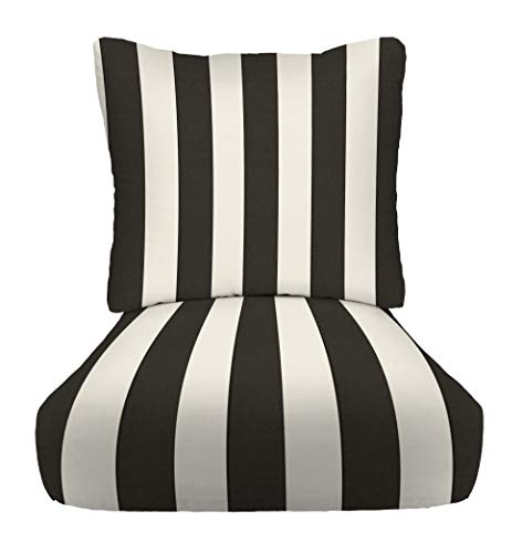 RSH DECOR: Deep Seating Cushion with Pillow Back | 25” x 25” Seat | Water and Fade-Resistant Spun Fabric | Outdoor Chair Cushion Set for Patio Furniture | Black & White Stripe