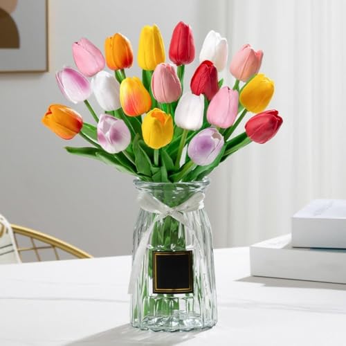 Image of Artificial Tulip Flower Stems (Pack of 5, Vase Not Included) - Realistic Faux Flowers for Home Decor, Living Room, Bedroom, Office, Wedding Decoration (Yellow Shade)