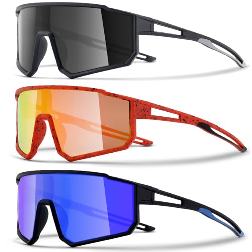 CMBJJU 3PACK Kids Sunglasses,Youth Baseball glasses,Cycling Goggles for 6-14 Boys Girls,UV400 Protection (3pcs-Black Black+Yellow Red+Blue Black-K13)