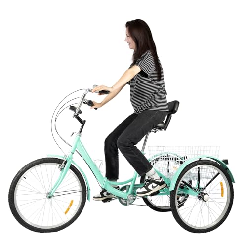 Triciclo para adultos de 24 pulgadas, plegable, 3 ruedas, 7 velocidades, bicicleta para adultos, triciclo, triciclo, bicicleta de crucero, con luz LED, cesta de verduras, portavasos, para paseos al