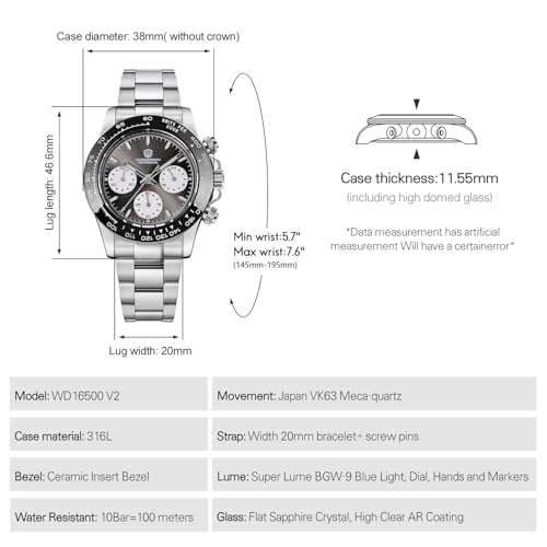 Image of watchdives Chronograph Watch, WD16500 V2 Quartz Men Watches Japan VK63 Meca-Quartz Movement 38mm Sapphire Crystal Wristwatch 100M Waterproof Sport Watch, Stainless Steel Bracelet